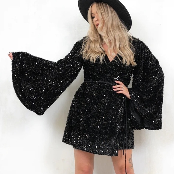 Black Sequin Wrap Dress - Picture 1 of 8